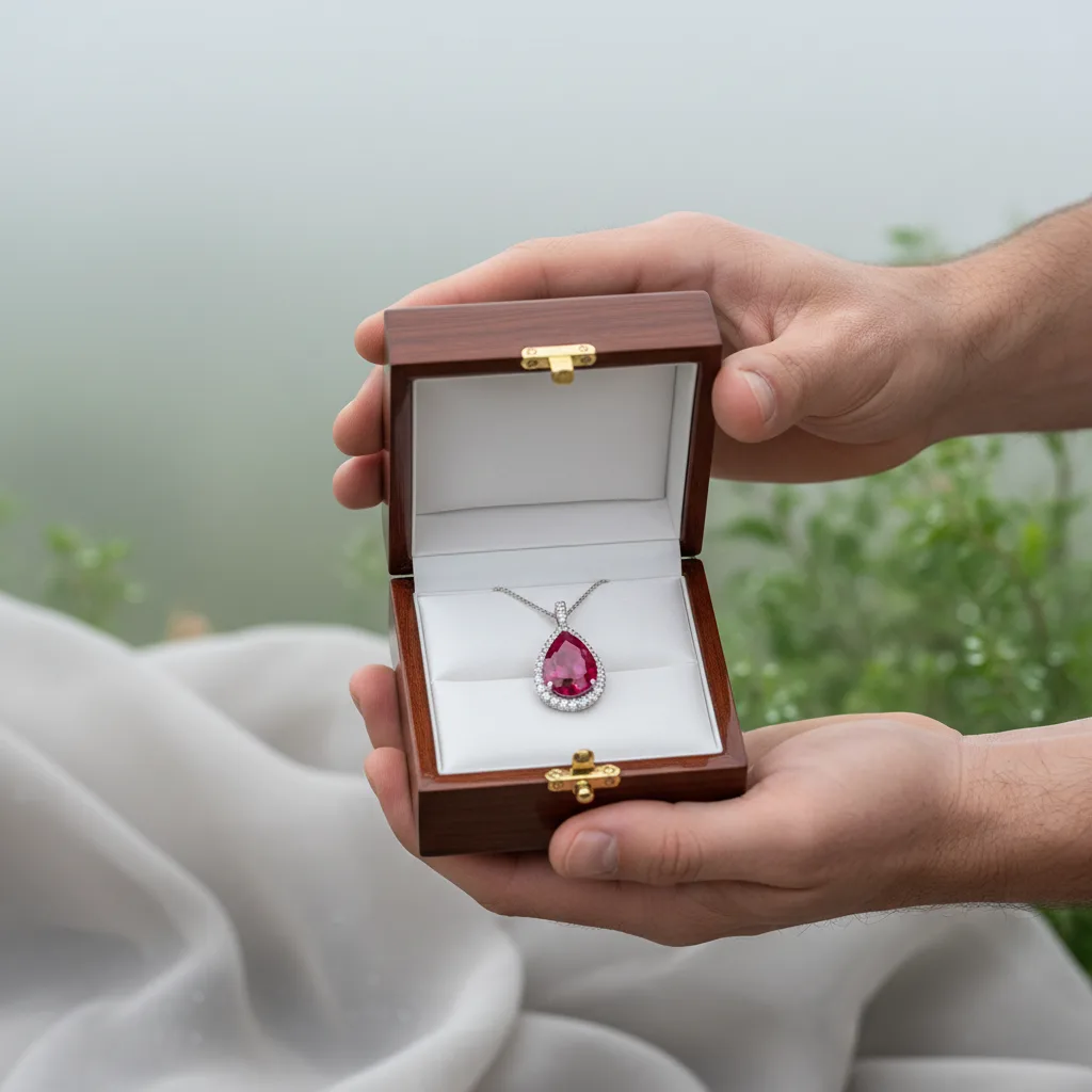 Client tenant un écrin de pendentif rubis